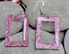 PINK GLITTER SQUARE RESIN HOOK EARRINGS 925 SILVER 