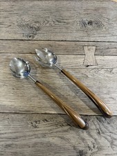 PAIR OF SILVER SALAD SERVING UTENSILS WITH WOODEN HANDLES