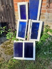 6 X VICTORIAN STAINED BLUE GLASS PANES 4X 48CM X 21-26CM 2X 48.5CM X 29CM BLUE
