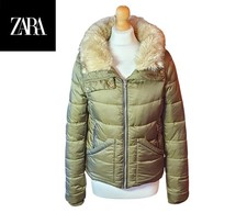 Zara Women's Quilted Puffer Jacket Size S Hooded Fur Collar Warm Winter Jacket
