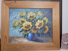 Still Life Oil On Board - Sunflowers