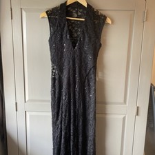 Lipsy Jessica Wright Black Lace Dress Size 12 Sequins sheer back fit flare maxi