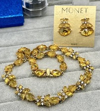 Monet vintage Gold citrine yellow Fancy Faux diamond collar Necklace earring Set