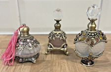 3 X Perfume Bottle Bejeweled Decorated Small Metal & Art Glass Bottle - Empty