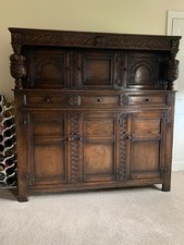 Solid Oak Court Cupboard antique style two piece, distressed look.