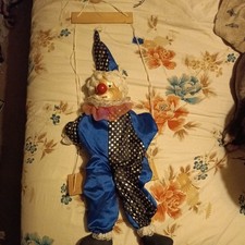 VINTAGE MARIONETTE STRING PUPPET CLOWN ON SWING HANGING PORCELAIN FACE Blue Gold