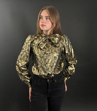 Feminella Vintage 70's Gold Metallic Black Long Sleeve Brocade Pussy Bow Blouse