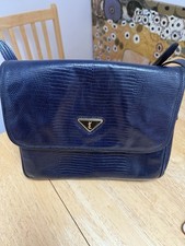 Vintage Yves Saint Laurent Navy Blue Lizard-Embossed Crossbody Bag with Dust Bag