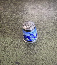 Vintage 935 Silver Sewing Thimble BLUE ENAMEL Delft Dutch Windmill Scene