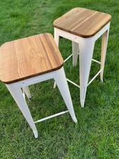 Bar 2 Stools Metal Kitchen Wooden Seat Stacking Chair Stylish Industrial Design 