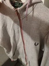 Vintage Men's Fred Perry Hoodie Grey With Red, White & Blue Cuffs.