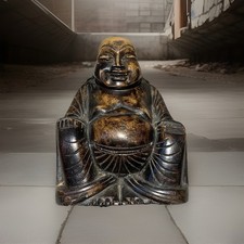 Vtg. Buddha, Statue Hand - Carved Laughing nice patina Heavy wood