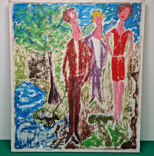 Naive Folk Art People Walking Dog Oil on Canvas Painting by the Artist Van Chuff