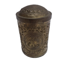 Vintage Indian Brass Tea Caddy Tin Engraved With Elephants