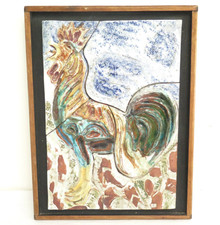 Ceramic Tile Mosaic Rooster Artwork with Portrait Wood Frame Stamped Multicolour