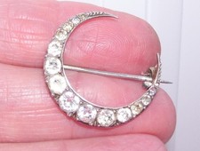 Fine Antique Victorian Silver Graduated Diamond Paste Crescent Moon Pin Brooch