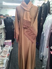 Brown Closed Abaya With Lace And Bead Detailing On Sleeve With Matching Scarf