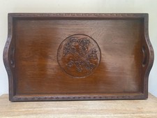 Antique Wooden Tray Hand Carved Oriental Chinese Birds & Flowers Handles Curved