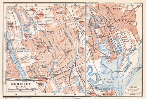 Cardiff antique map town - antique, plan