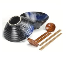 Ramen Bowls Japanese Noodles Bowl x2 Black & Blue Spoons & Chopsticks | M&W