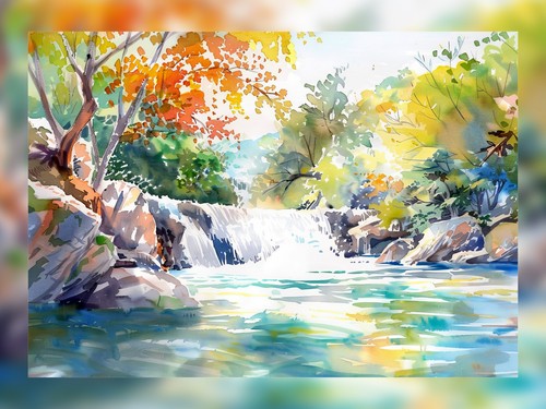 Autumn waterfall scene - waterfall, 5"x7"