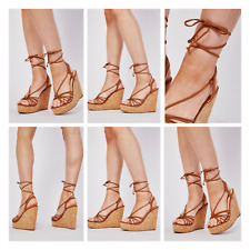 SALE TAN LADIES SIZE 4 THIN STRAPS HIGH CORK WEDGE HEEL TIE-LEG PLATFORM SANDALS