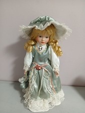 Vintage Victorian Porcelain Doll 12" Green Silk Dress Blonde Ringlets