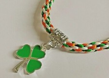 Irish Shamrock Charm on Green, White & Gold Kumihimo Bracelet 