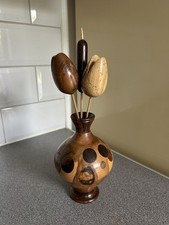Handmade/ Hand Turned Wooden Vase With Handmade Wooden Tulips And Reed