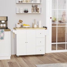 Kitchen Island on Wheels, Kitchen Storage Trolley with Drop Leaf, Drawers, White