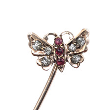 Vintage / antique 9ct gold butterfly stick pin, decorated with paste stones