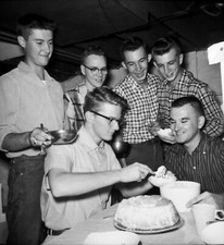 Vintage Old 1960s Photo Negative of Happy College Boys Eating Bowl of Ice Cream