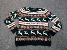 Christmas Jumper - Easy - Green Long Sleeve - Merry Christmas Reindeers - Medium