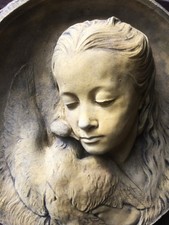 Decorative round wall plaque Girl and Dove stone home or garden plaque 46cm/18"W