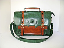 BANNED APPAREL RETRO MESSENGER SATCHEL HAND BAG FAUX LEATHER GREEN & TAN