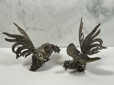 Vintage Italian Fighting Cockerels Figures Pair 12cm & 15cm Silver Metal Plated
