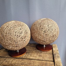 Pair Vintage Wooden Wicker Sphere Ball Lamps Bohemian Boho Decor Hessian Retro 