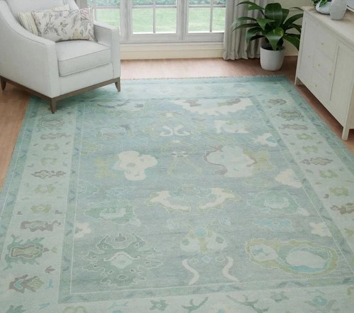 Green hand knotted oushak rug - hand,
