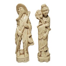 Pair of Vintage 5" Faux Ivory Plastic Asian Figurines Farming Couple