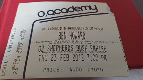 Ben howard ticket o2 - howard, ticket,