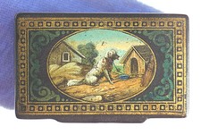 STUNNING EXQUISITE ANTIQUE PAPIER MACHE SNUFF BOX , '' DOG & HIS KENNEL ''