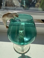 Rare Large Teal Brandy Glass 1960s Cat & Mouse  High Retro Vintage Collectable