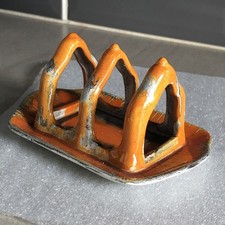 Vintage 1930s Shelley Pottery Drip Ware Toast Rack. Orange & Grey Lava Glaze.
