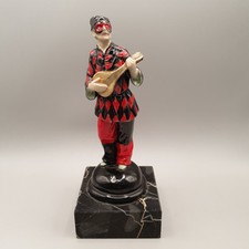 Art Deco Ceramic Harlequin Figurine Playing Mandolin On Marble Base