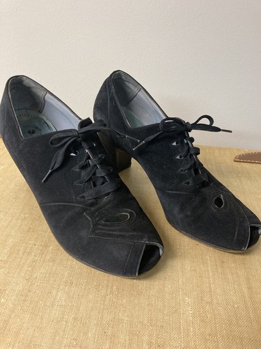 Vintage 1930s black suede peep - suede,