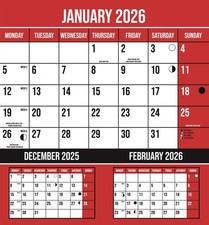 2026 Wall Calendar 3 Months To View Red Planner Hanging Spiral Bound 230 x 248mm