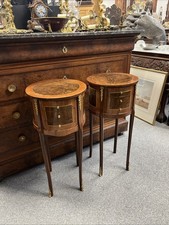 Pair of French Louis XVI Round Bedside Tables with Drawers & Inlay