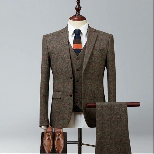 Men brown piece plaid - men, tweed