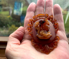 Antique Faux Tortoise Shell Carved Cameo Pendant Victorian Large 82x53mm