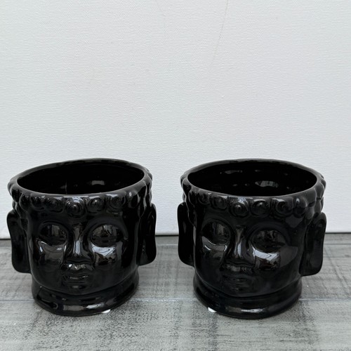 Pair black ceramic buddha head - black,